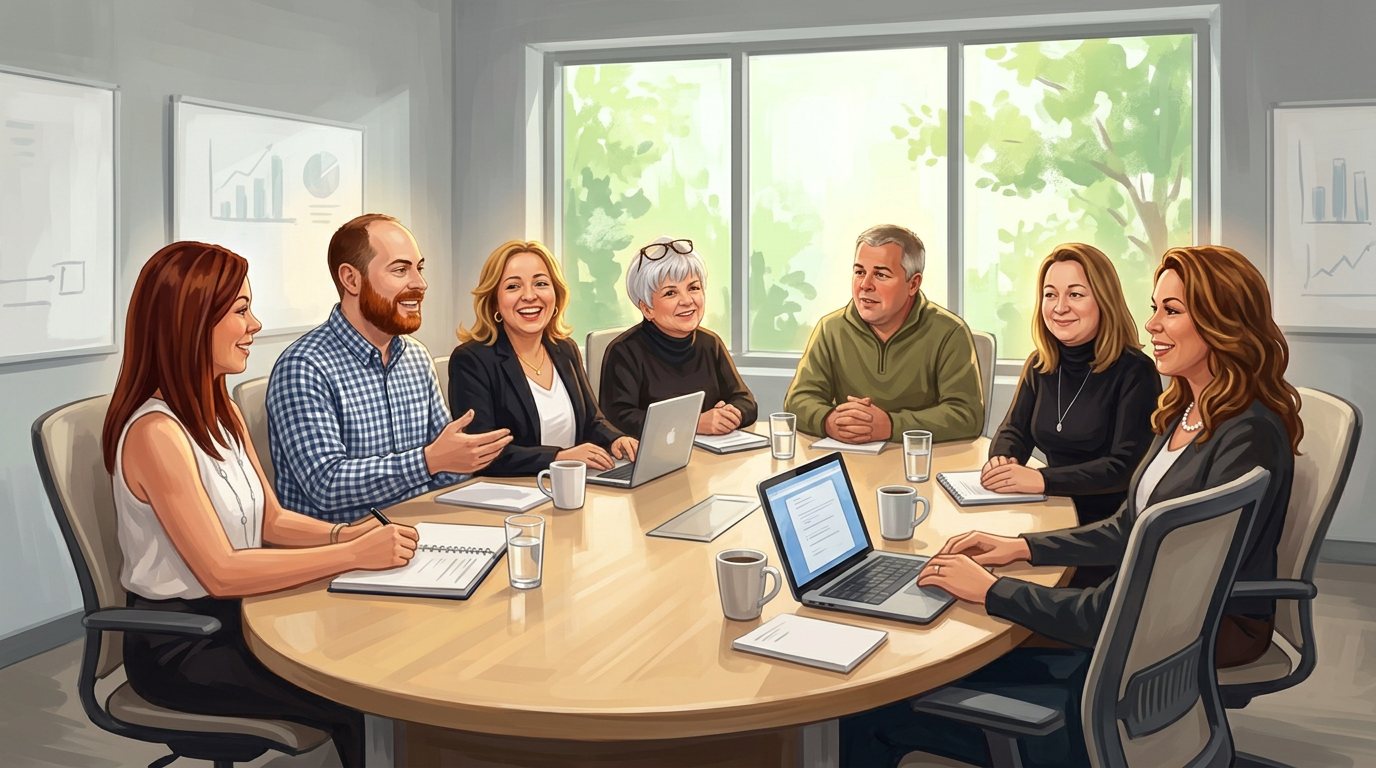 An illustration of the seven members of the group seated around a conference table in a bright meeting room.
